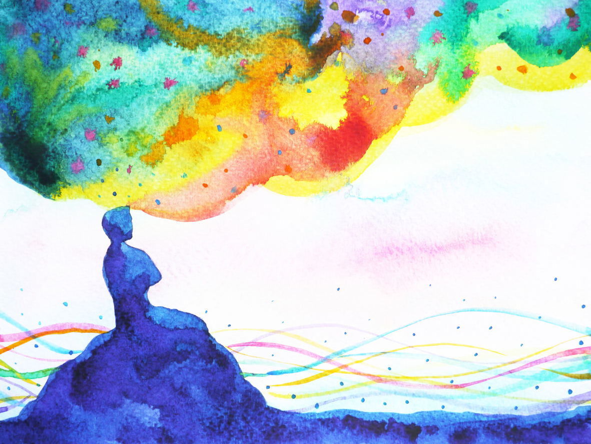 power of thinking, abstract imagination, world, universe inside your mind, watercolor painting